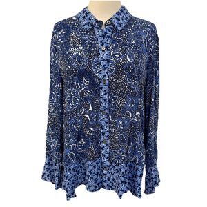 Habitat Blooming Vines Blue & White Flounce Button Front Shirt Large Lagenlook